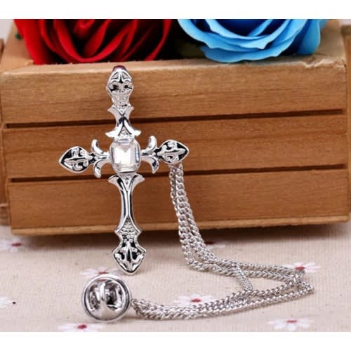 Cross Lapel Brooch With Free Pouch - Silver