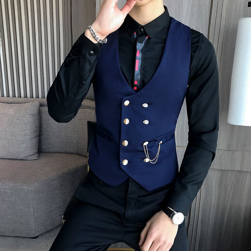 (Navy)2022 Slim Fit Men Vest With Double Breasted One Piece Custom Male Suit Wasitcoat Peaked Lapel Wedding Gromsmen Waist Coat New DOU