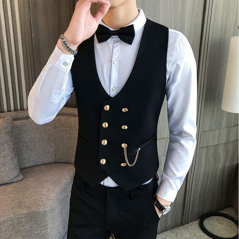 (Navy)2022 Slim Fit Men Vest With Double Breasted One Piece Custom Male Suit Wasitcoat Peaked Lapel Wedding Gromsmen Waist Coat New DOU