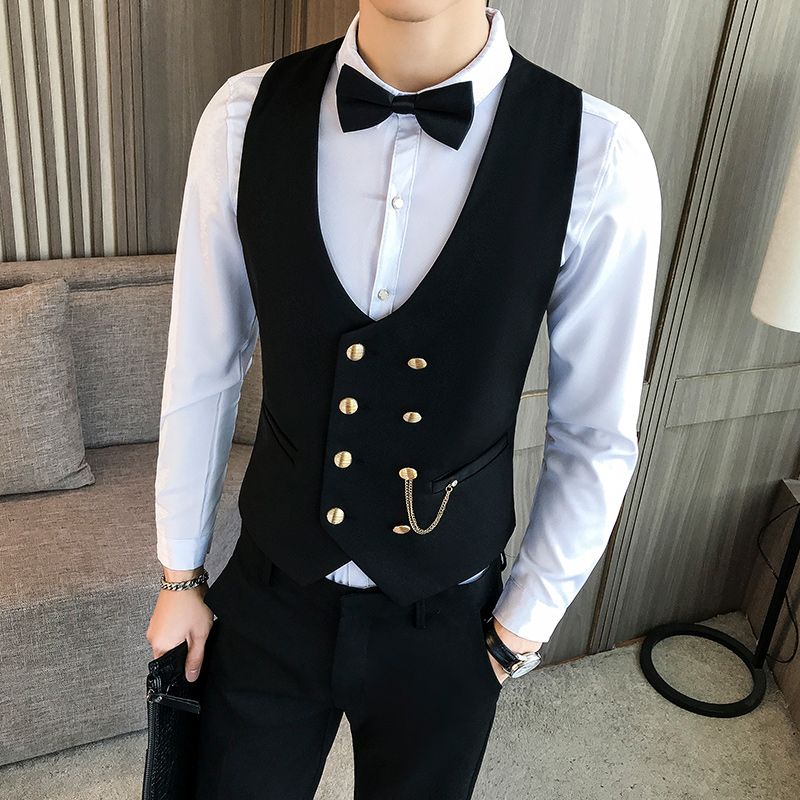 (Navy)2022 Slim Fit Men Vest With Double Breasted One Piece Custom Male Suit Wasitcoat Peaked Lapel Wedding Gromsmen Waist Coat New DOU