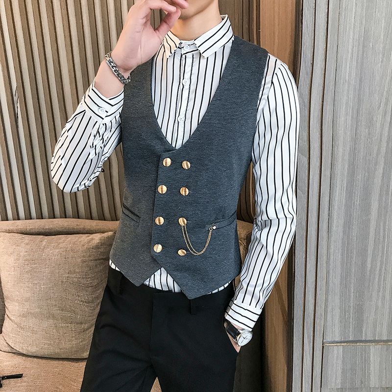 (Navy)2022 Slim Fit Men Vest With Double Breasted One Piece Custom Male Suit Wasitcoat Peaked Lapel Wedding Gromsmen Waist Coat New DOU