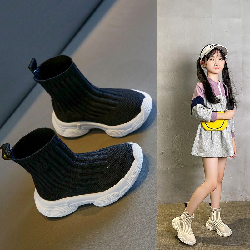 Kids Knitting Sneakers Girls High Tops Sock Shoes (Black)