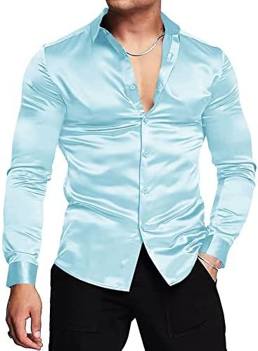 Light Blue Button Down Long Sleeve Satin Dress For Men Silk Casual Outings Shirt