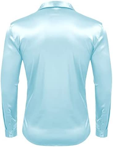 Light Blue Button Down Long Sleeve Satin Dress For Men Silk Casual Outings Shirt