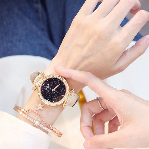 2 In1 Watch Fashion Rhinestone Wrist Watch For Ladies+ Bracelet Watch-Beige