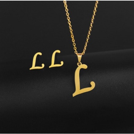 Letter L Pendant + Earrings & Necklace - Gold