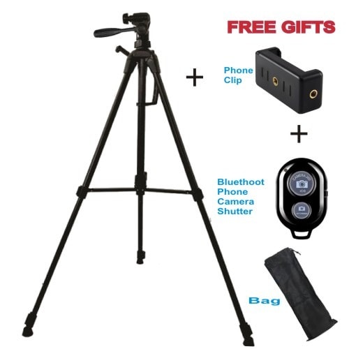 Smartphone And Camera Tripod With Free Phone Adapter + Bluetooth Shutter + Bag - Black