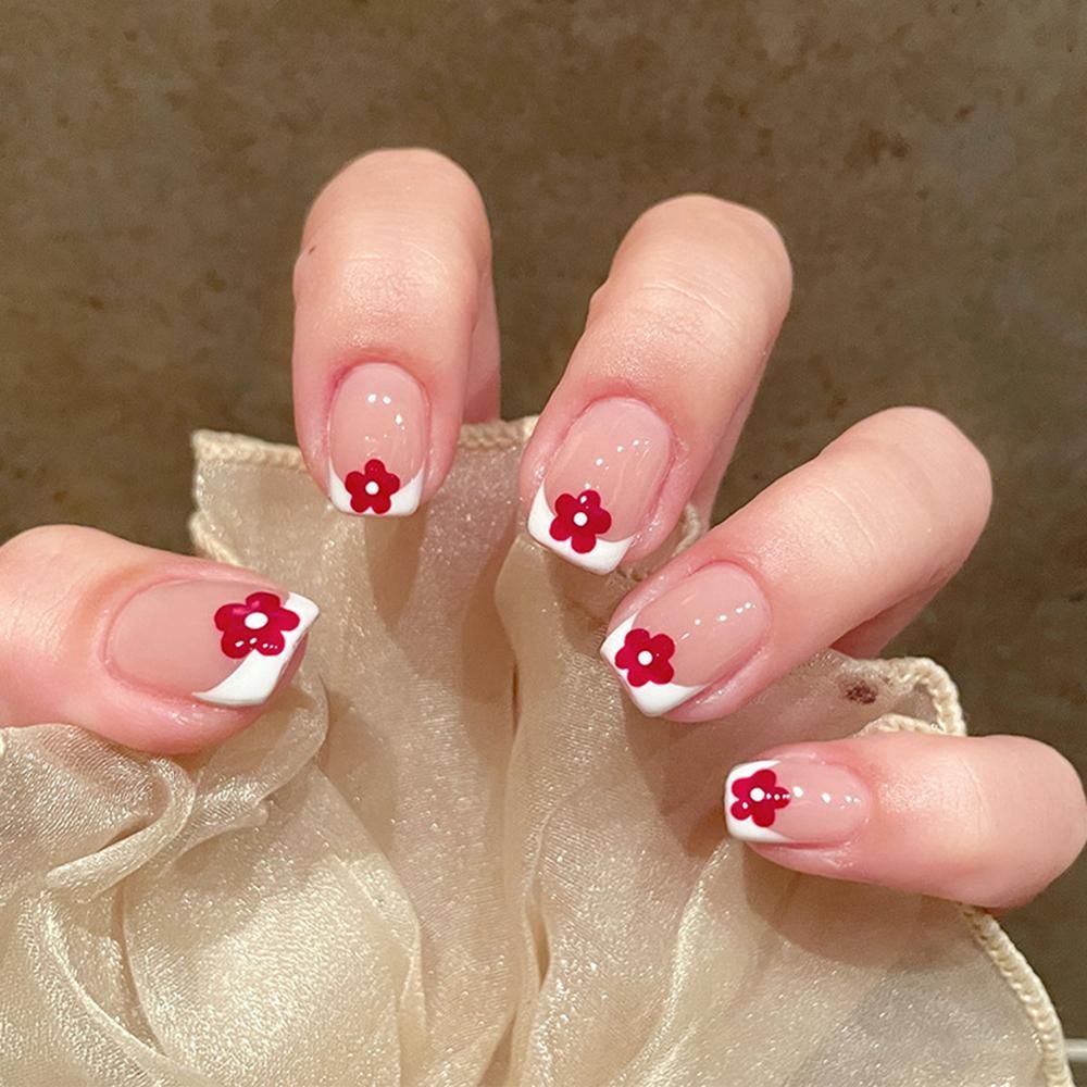 24PCS Long Press on Nails Red Flowers Design Sweet Style