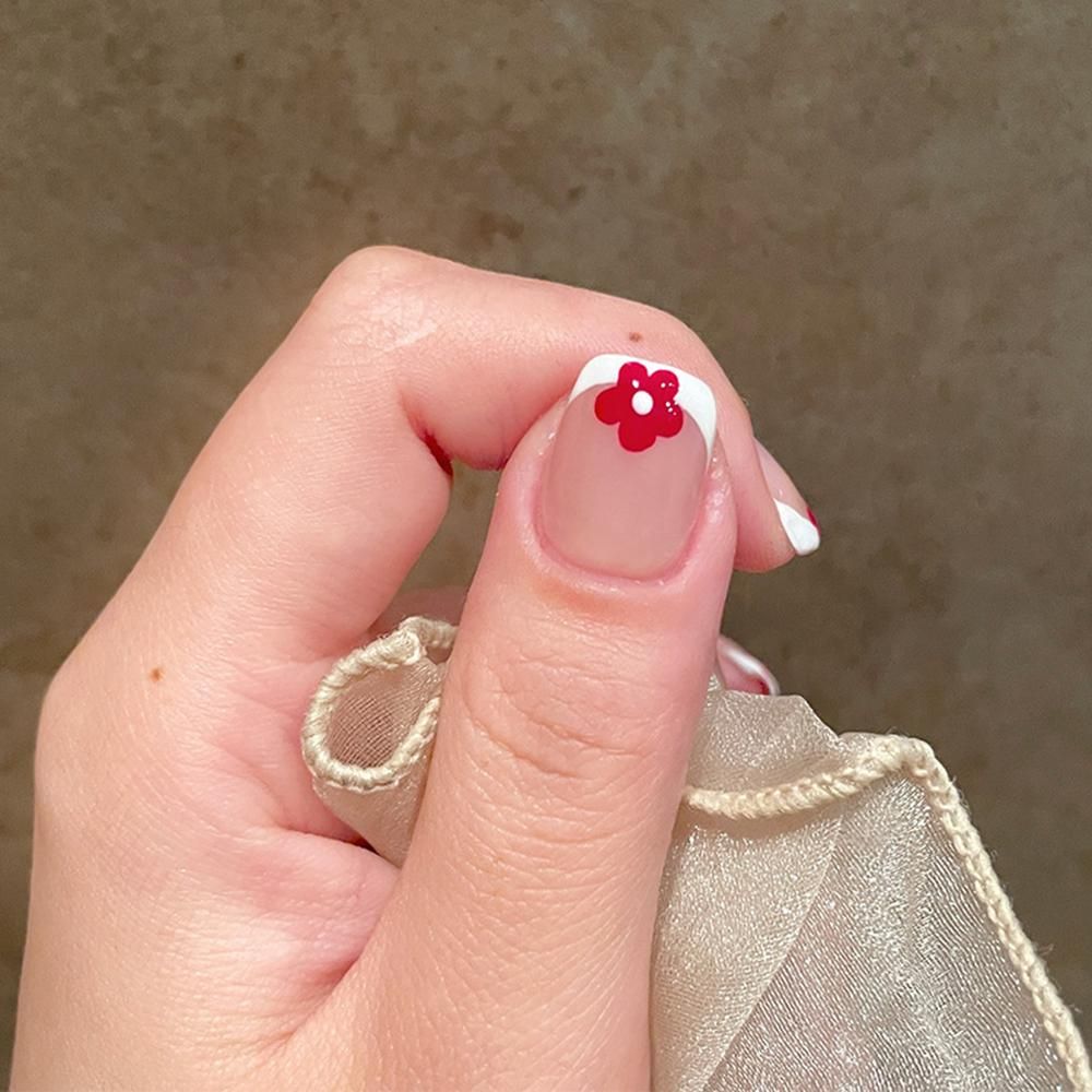 24PCS Long Press on Nails Red Flowers Design Sweet Style