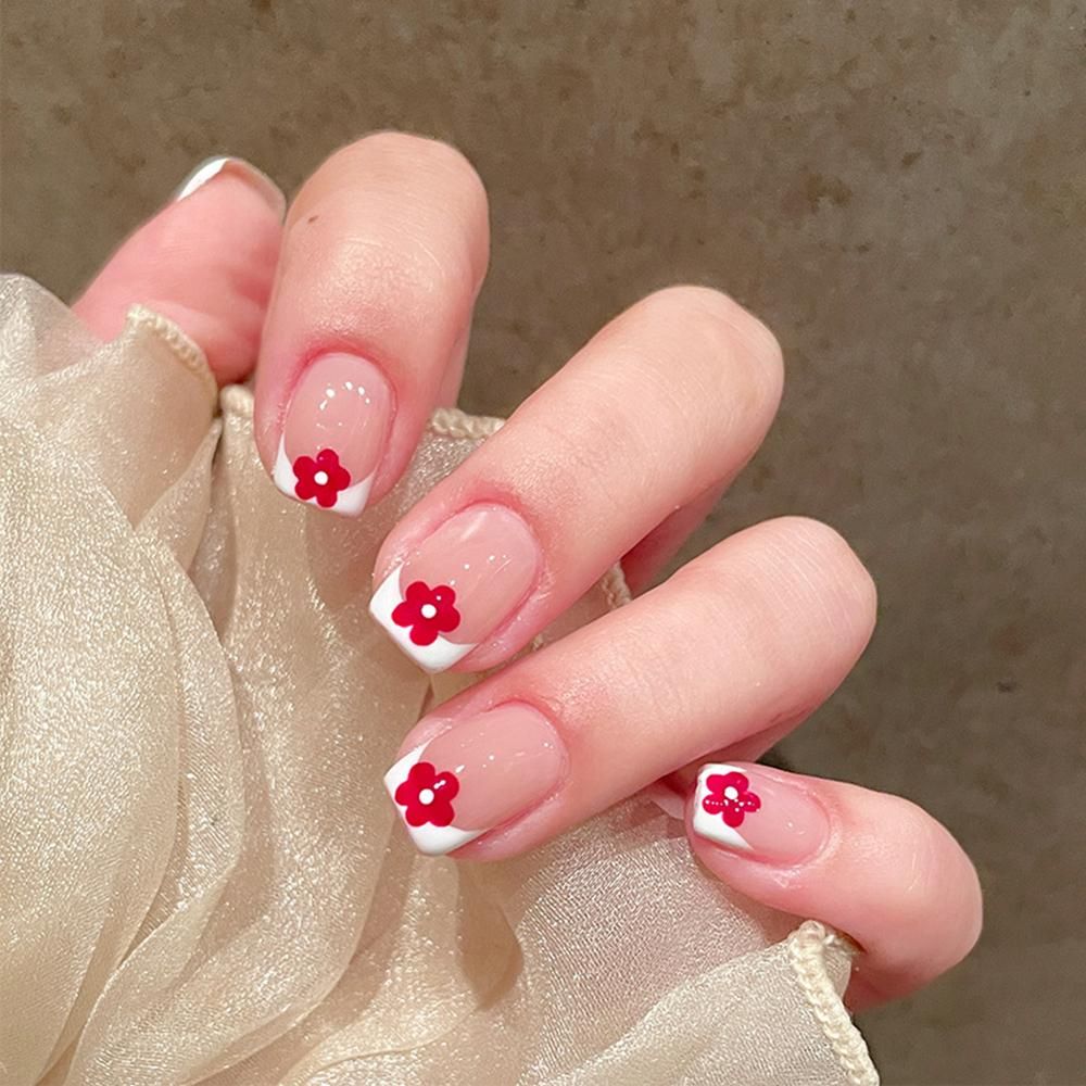 24PCS Long Press on Nails Red Flowers Design Sweet Style