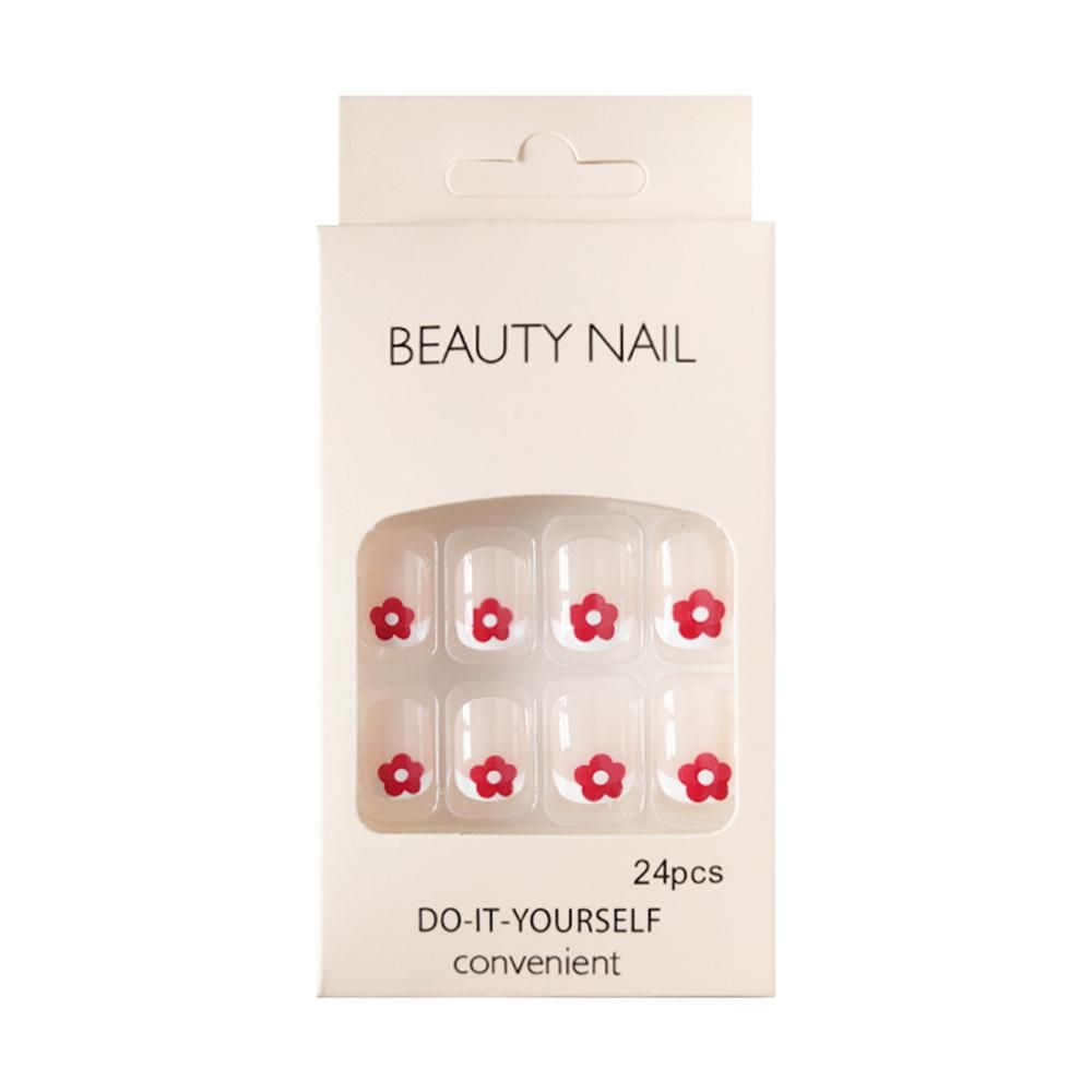 24PCS Long Press on Nails Red Flowers Design Sweet Style