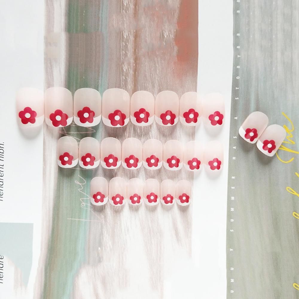 24PCS Long Press on Nails Red Flowers Design Sweet Style