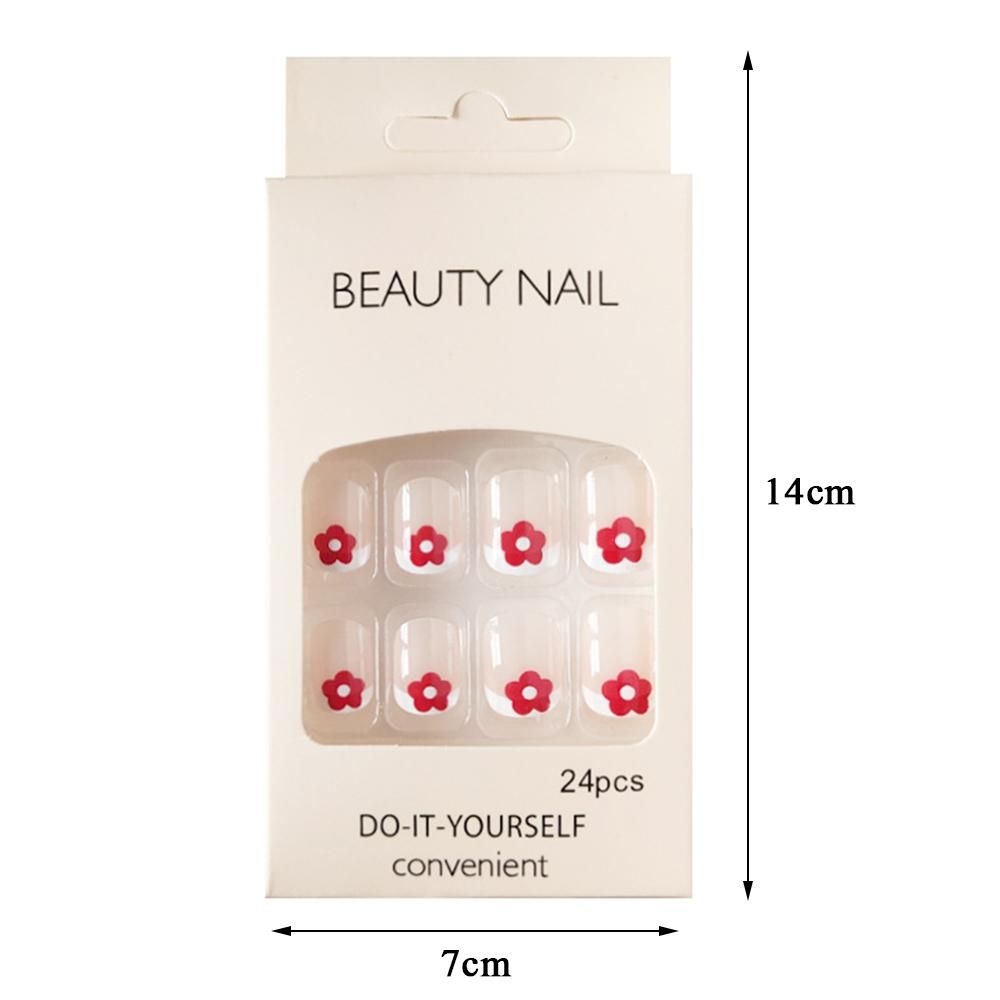 24PCS Long Press on Nails Red Flowers Design Sweet Style