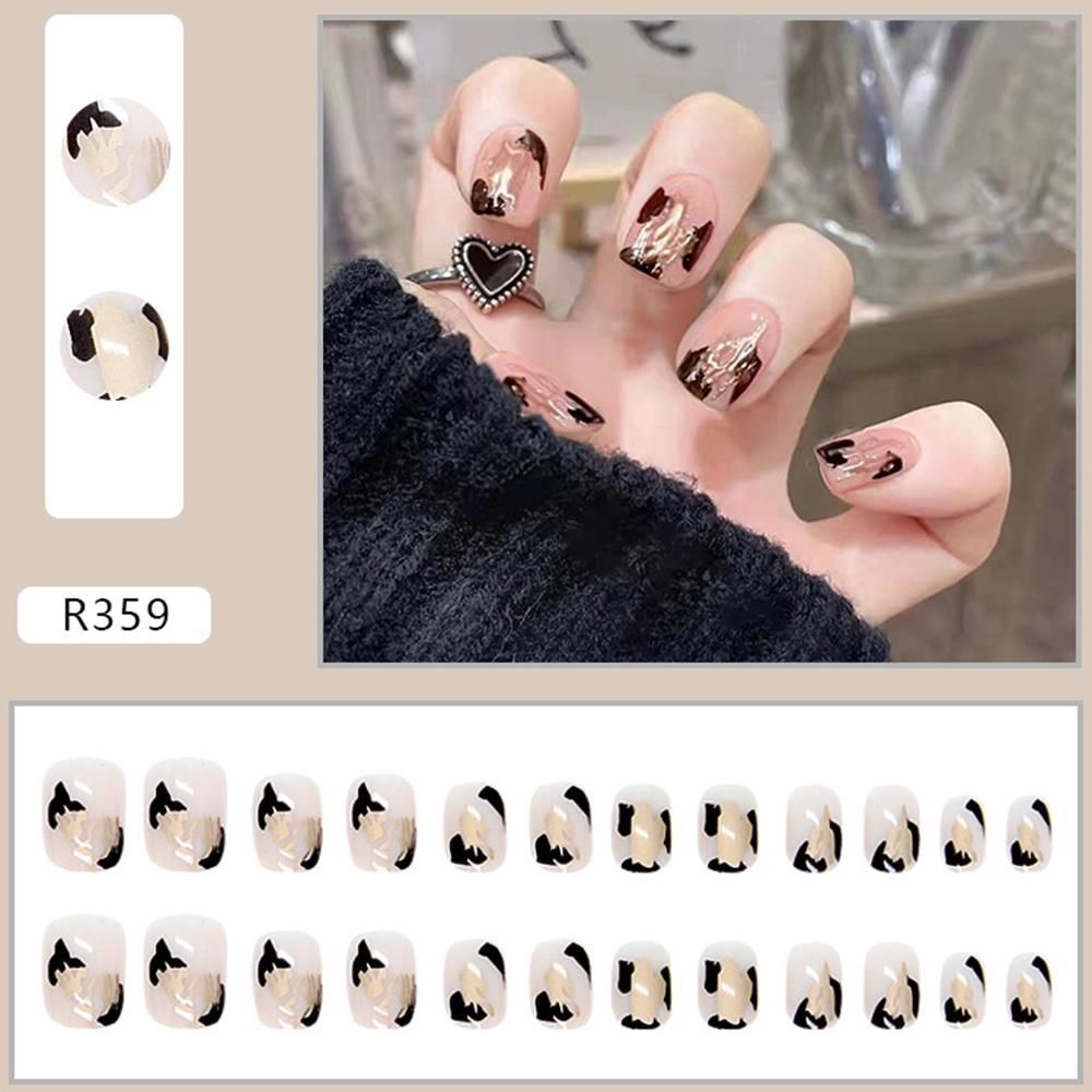 24PCS Short Press on Nails Cute Black Graffiti Full Coverage