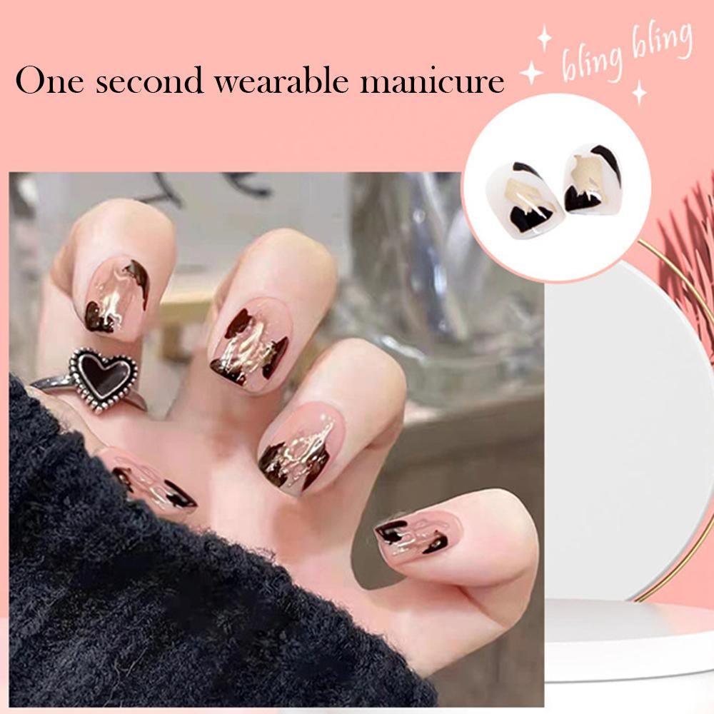 24PCS Short Press on Nails Cute Black Graffiti Full Coverage
