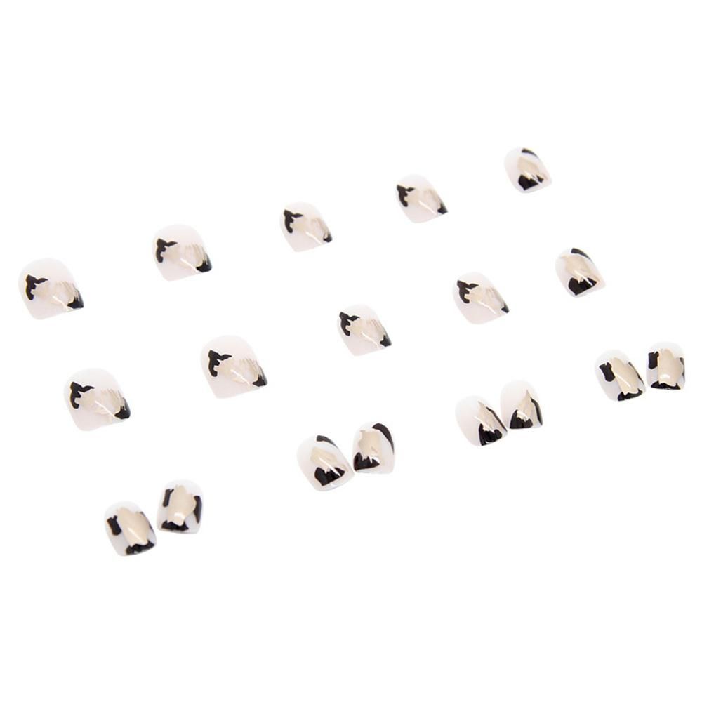 24PCS Short Press on Nails Cute Black Graffiti Full Coverage