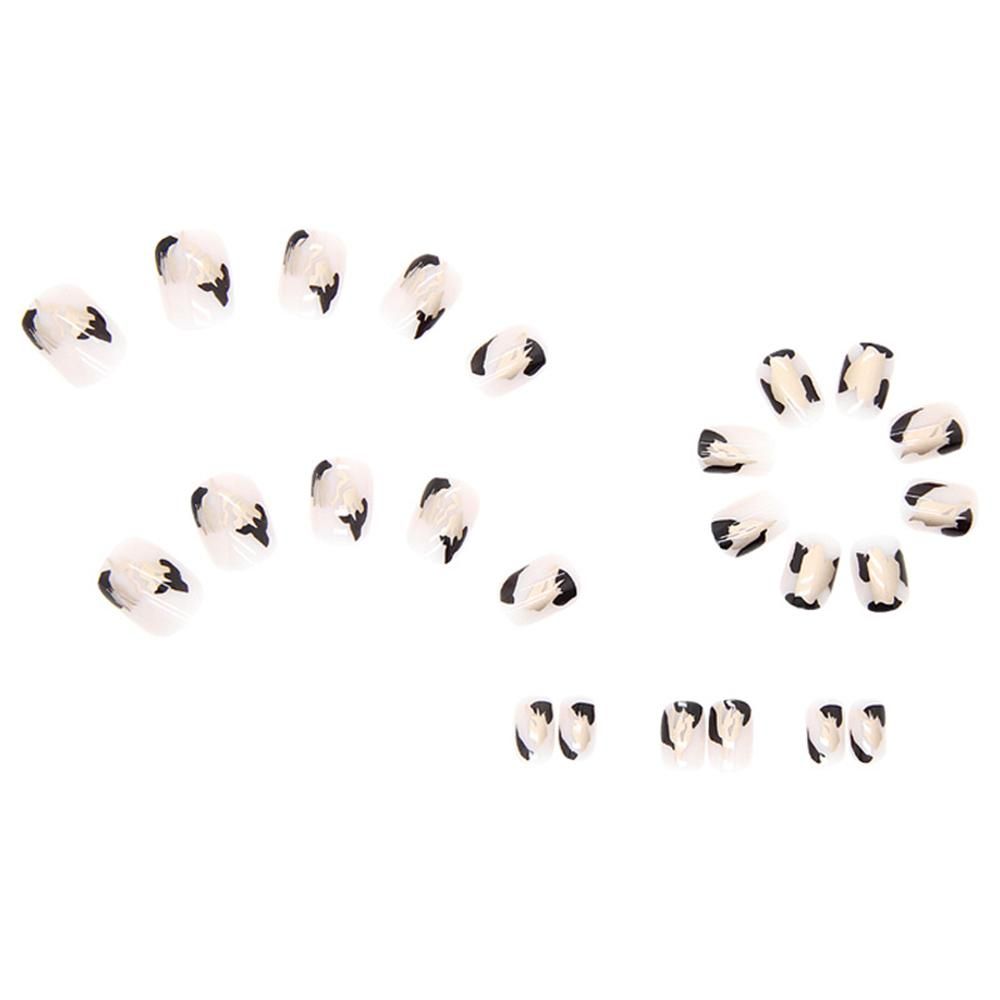 24PCS Short Press on Nails Cute Black Graffiti Full Coverage