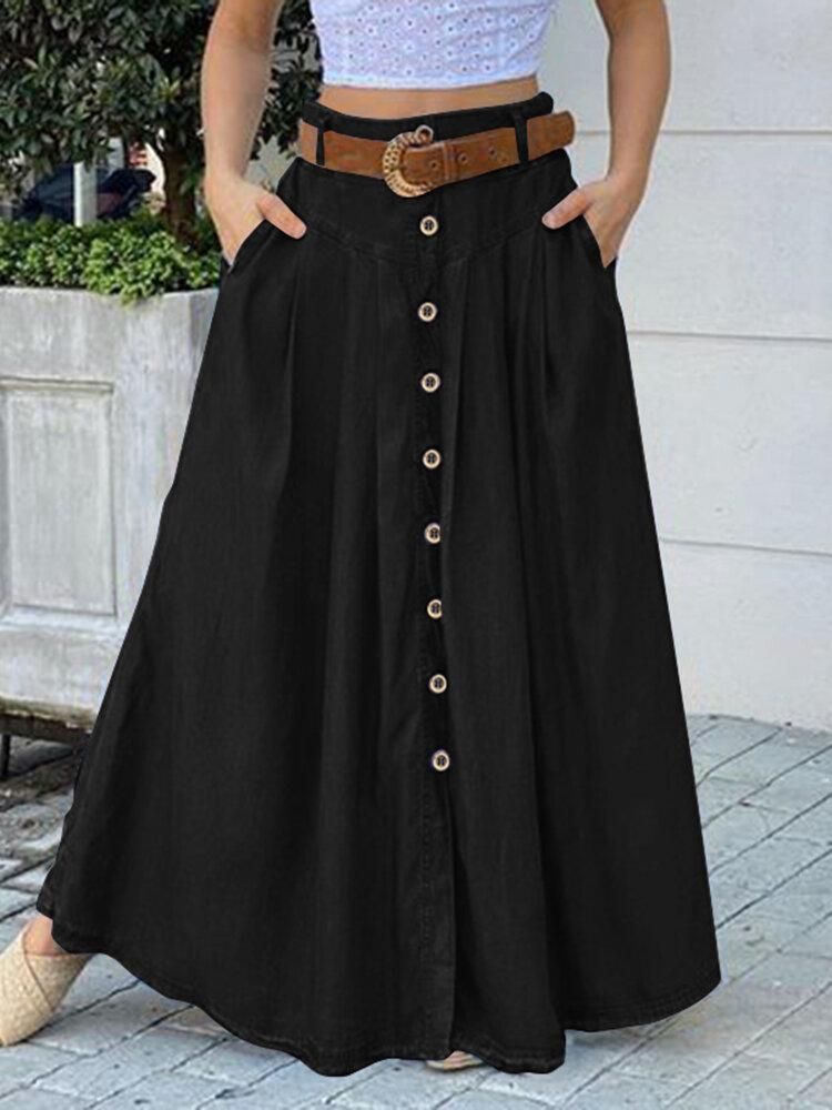 Women Solid Color Bottom Front Loose Casual Long Skirt With Pocket