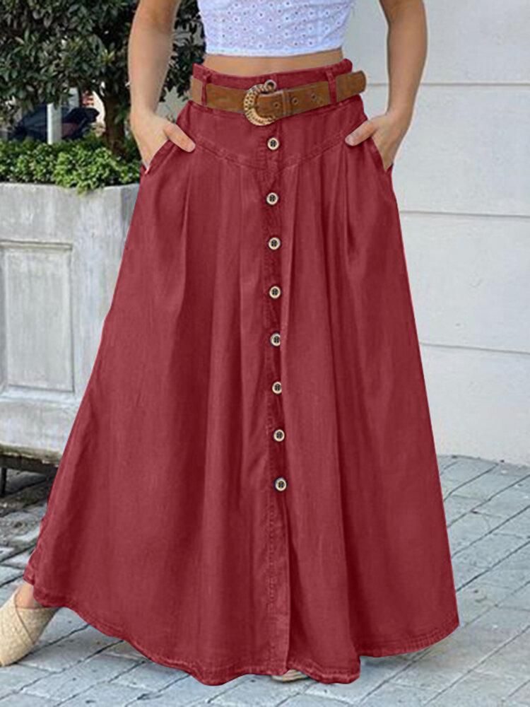 Women Solid Color Bottom Front Loose Casual Long Skirt With Pocket