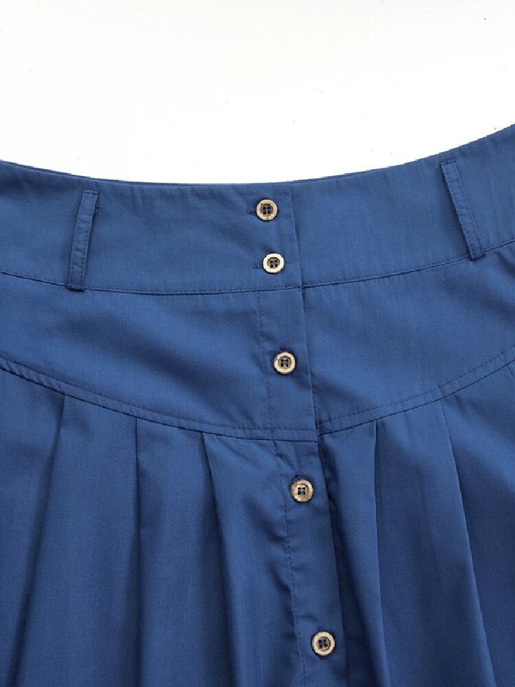 Women Solid Color Bottom Front Loose Casual Long Skirt With Pocket