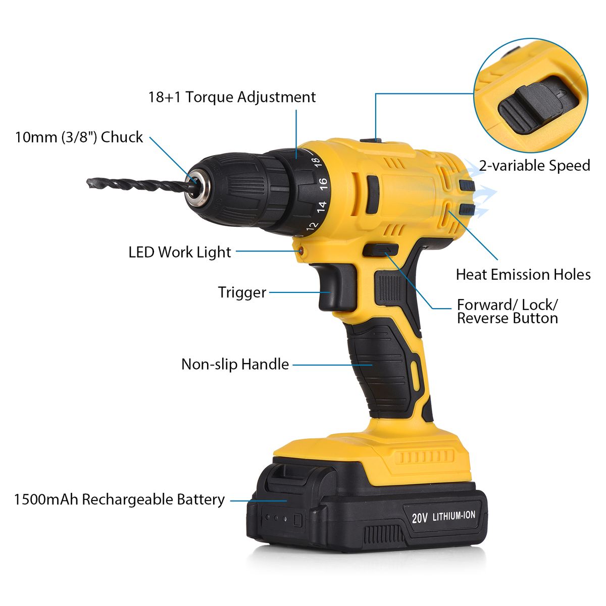 20V Portable Cordless Electric Drill 3/8 Inch Chuck Handheld