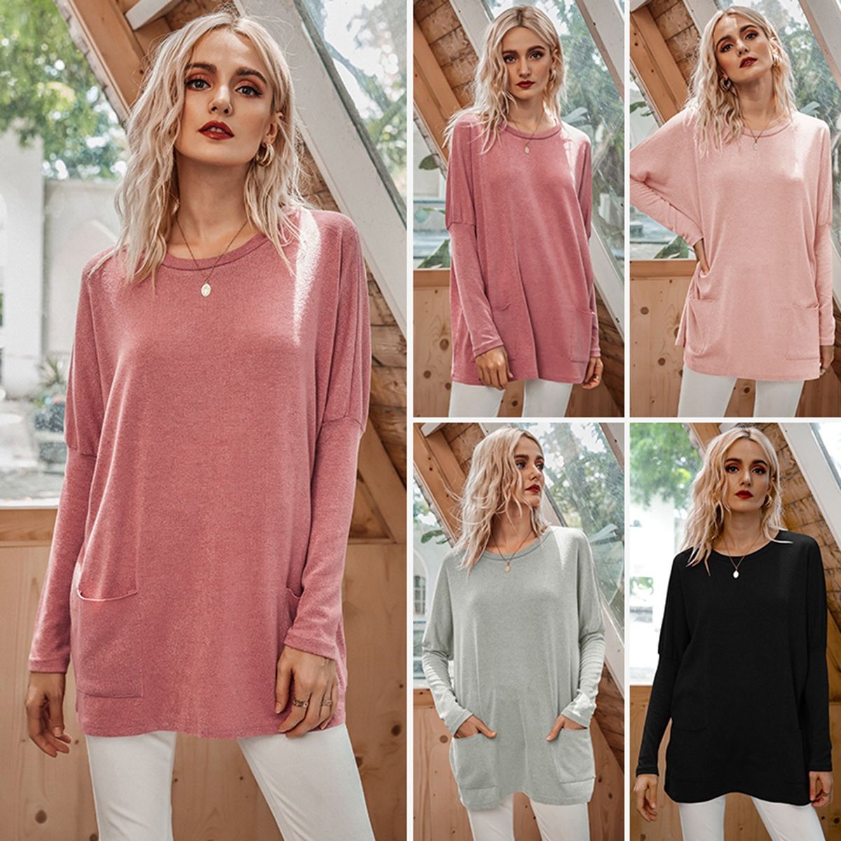 Fashion Women Winter Knitted Blouse Solid Color O Neck Long