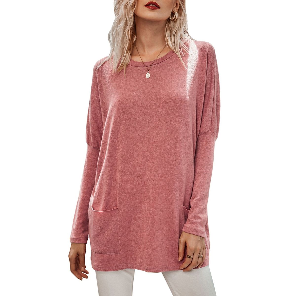 Fashion Women Winter Knitted Blouse Solid Color O Neck Long