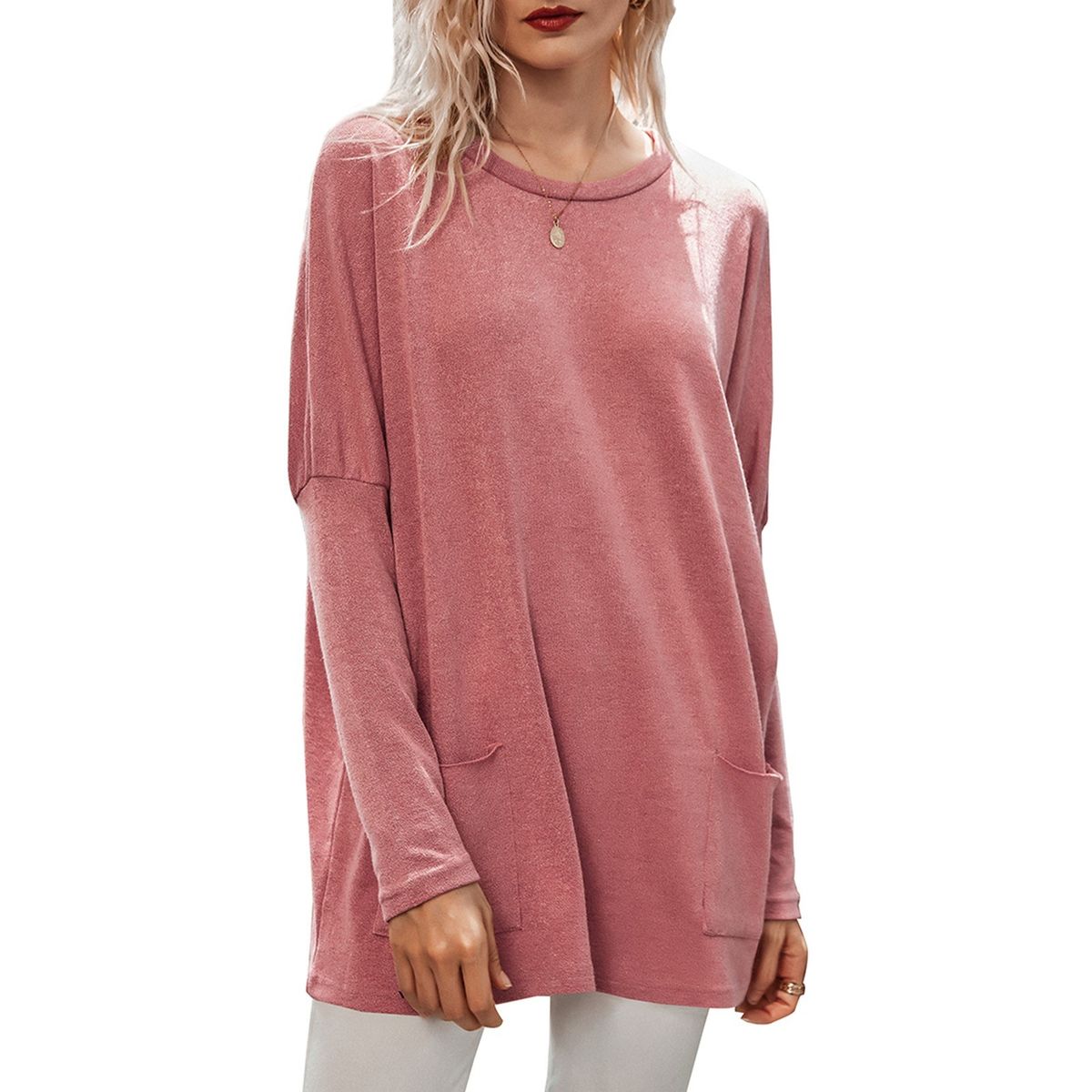 Fashion Women Winter Knitted Blouse Solid Color O Neck Long