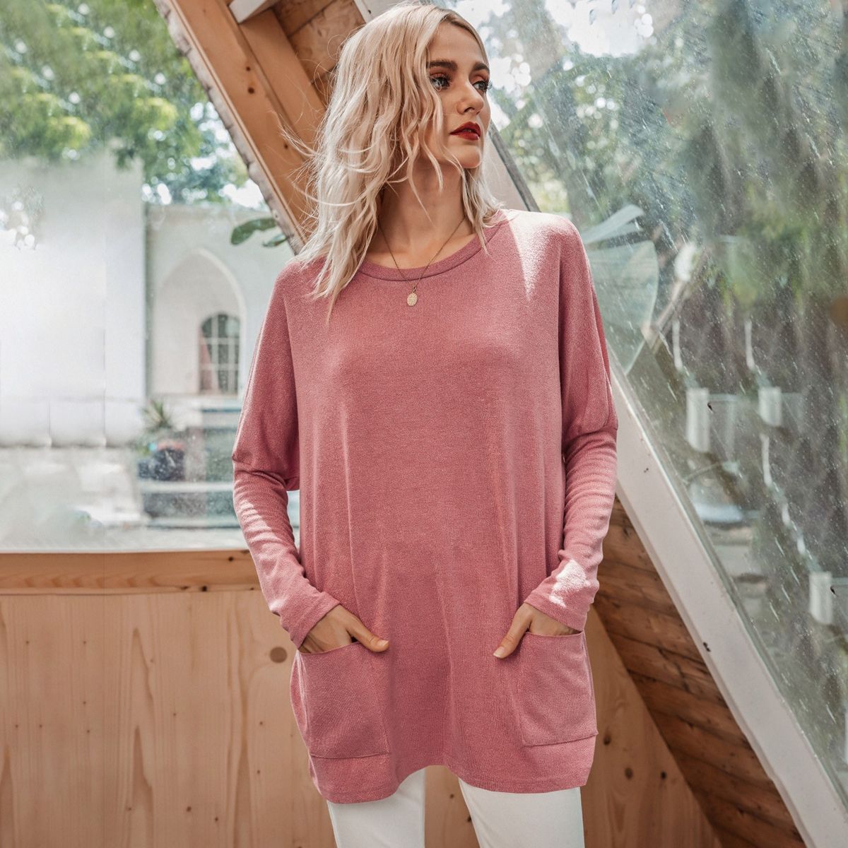 Fashion Women Winter Knitted Blouse Solid Color O Neck Long
