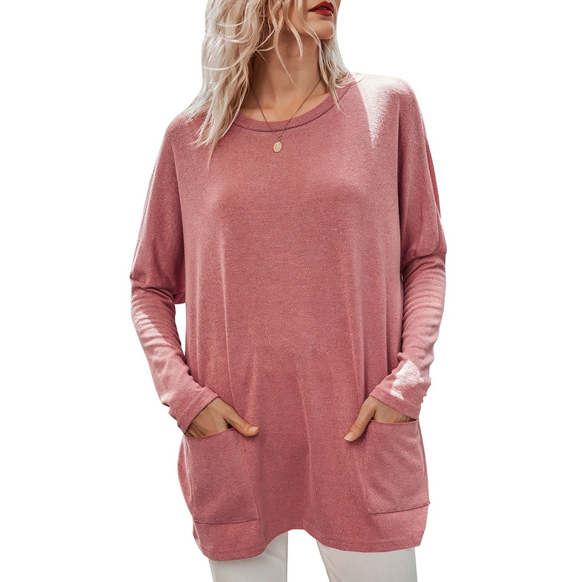 Fashion Women Winter Knitted Blouse Solid Color O Neck Long