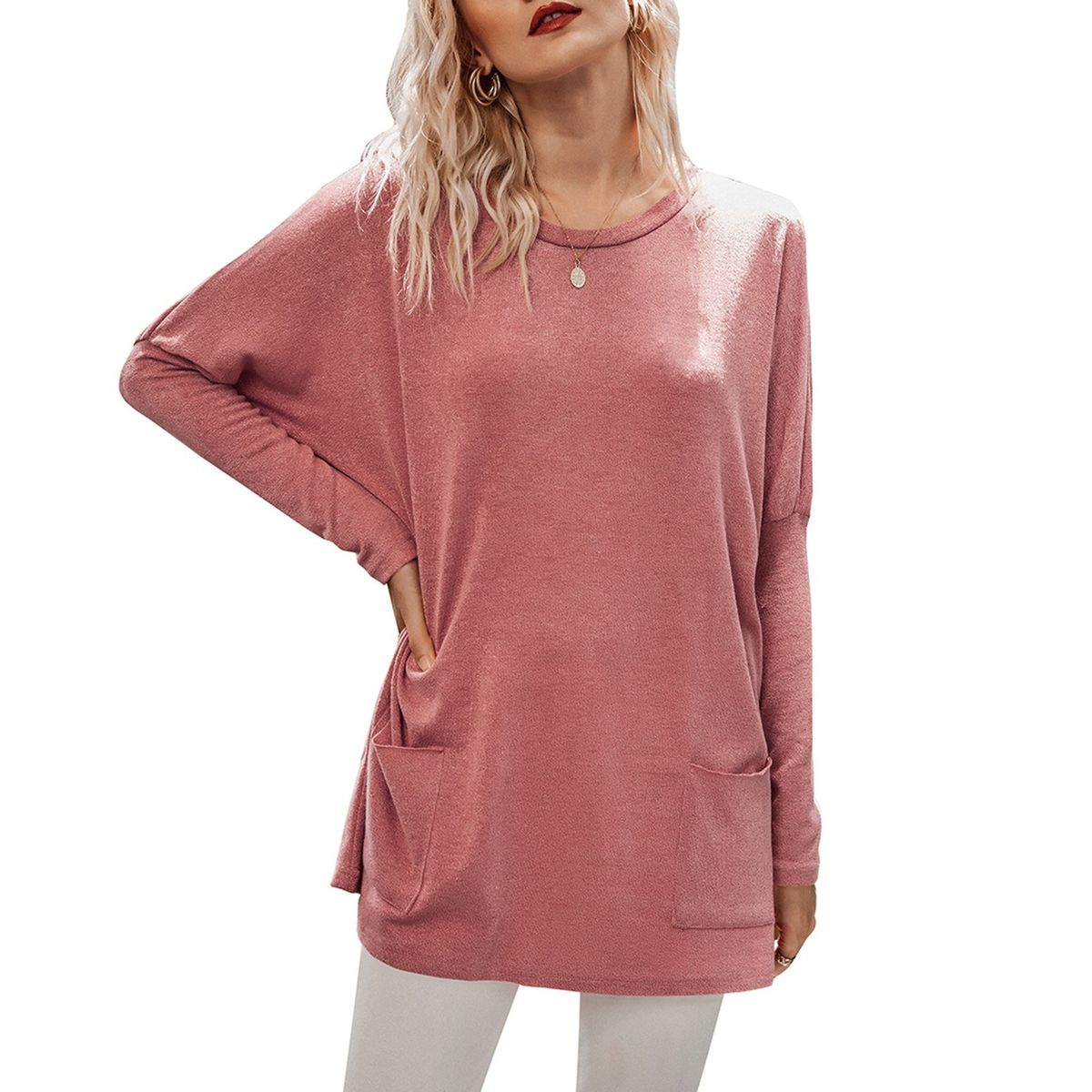Fashion Women Winter Knitted Blouse Solid Color O Neck Long
