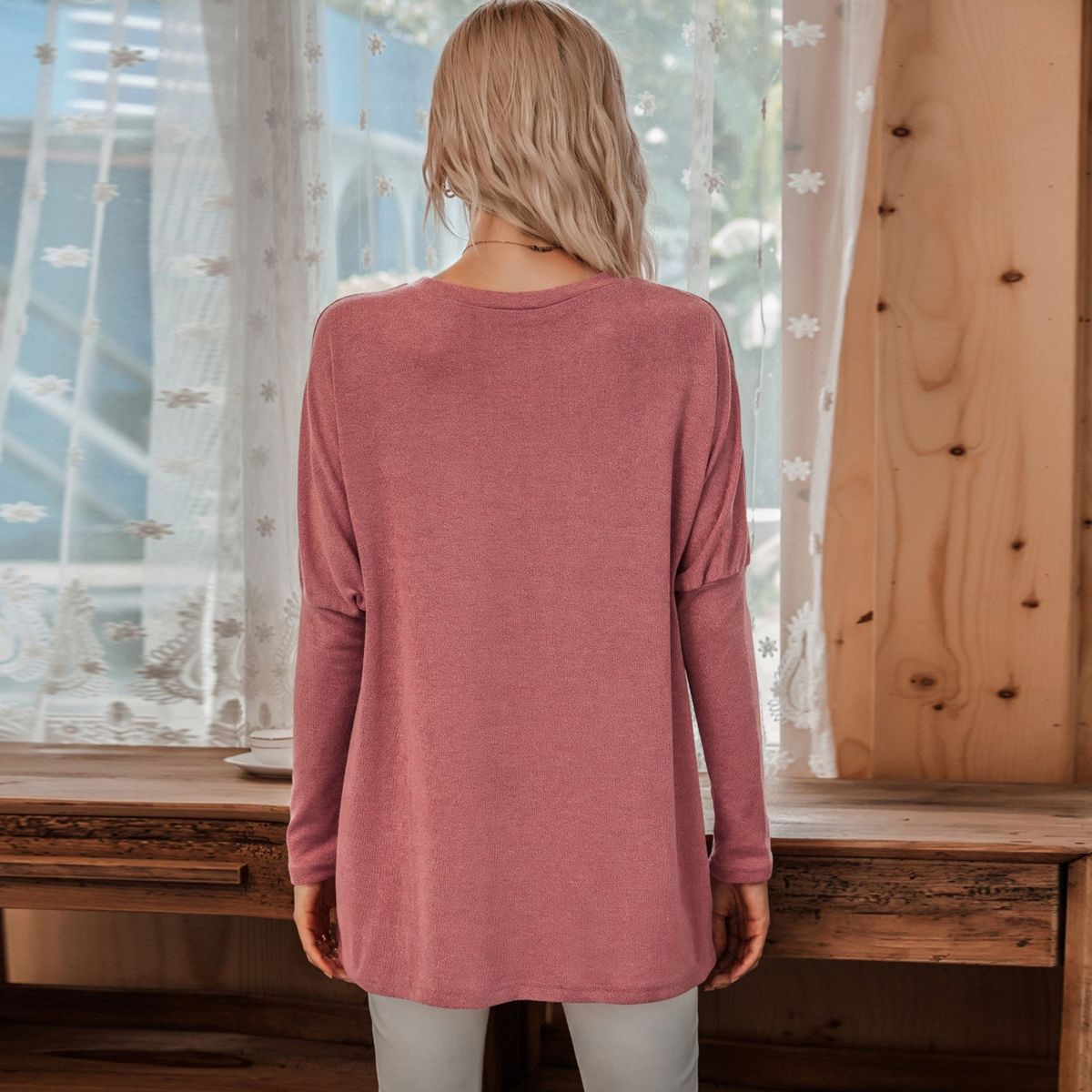 Fashion Women Winter Knitted Blouse Solid Color O Neck Long