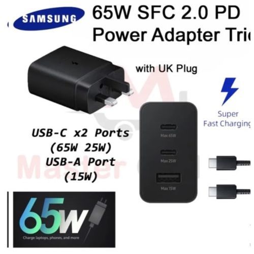 Original 65 Watts Charger Trio 3 USB Port Adapter With Type C To Type C Cable Charging Samsung Galaxy & Redmi Phones