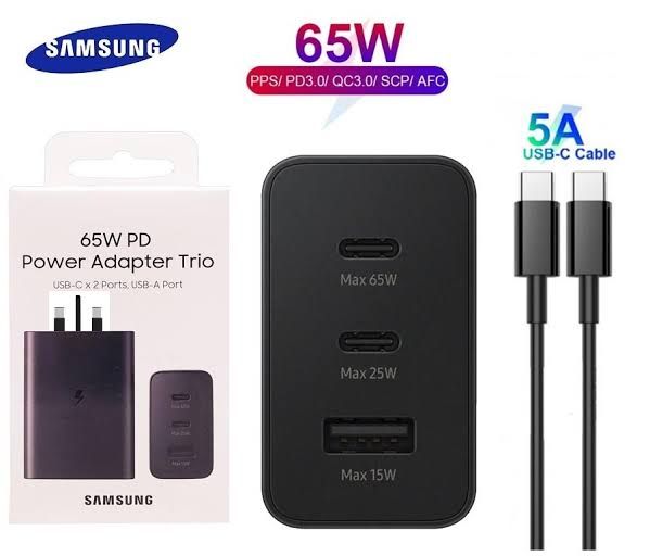 Original 65 Watts Charger Trio 3 USB Port Adapter With Type C To Type C Cable Charging Samsung Galaxy & Redmi Phones