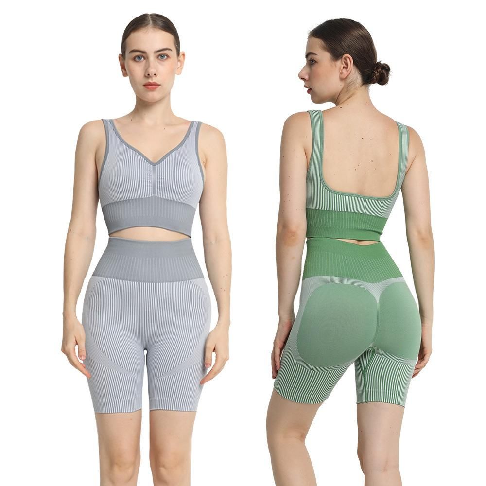 Seamless striped fitness suit women's high waisted belly tucking peach hip lifting shorts sports shockproof beauty back bra Yoga suit
