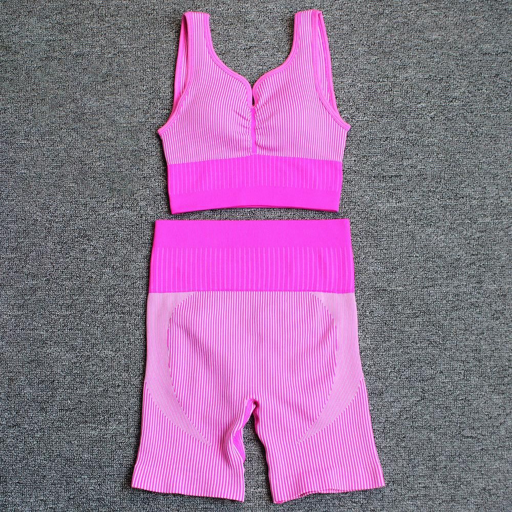 Seamless striped fitness suit women's high waisted belly tucking peach hip lifting shorts sports shockproof beauty back bra Yoga suit