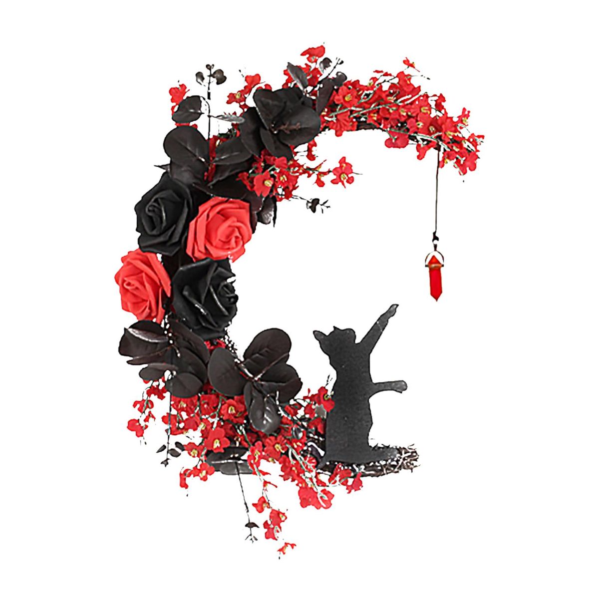 Halloween Moon Cat Shaped Wreath Artificial Flower Black Cat Hanging Garland for Front Door Wall Halloween Holiday Party Haunted House Decoration