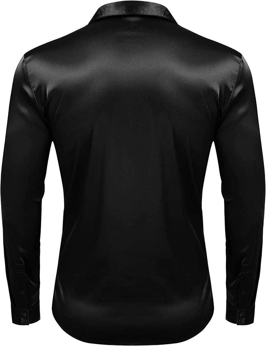 Men's Luxury Silk Button Down Long Sleeve Satin Shirt With Bow Tie Black Dress