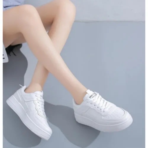 Thick-soled Leather Casual Female Sneakers - White