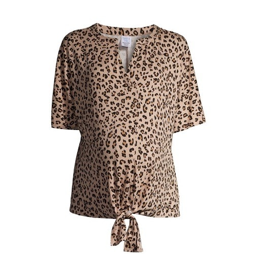 Pregnant Women’s Maternity Dolman Sleeve Tie Front Blouse - Leopard