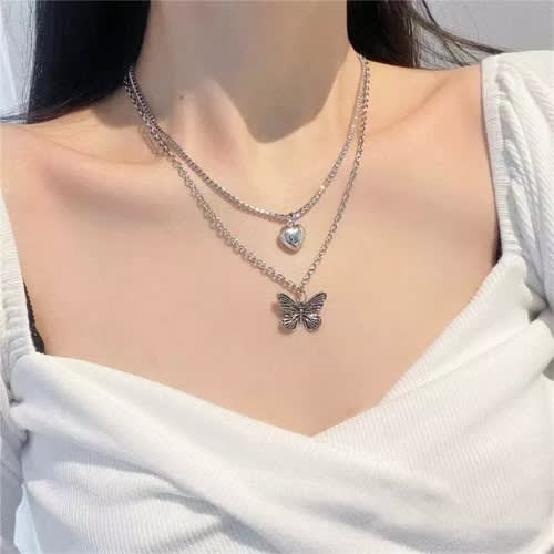 Double Layer Butterfly Necklace Chain With Hallow Love