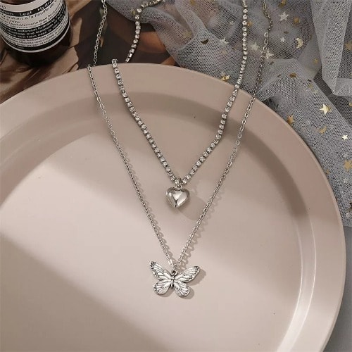Double Layer Butterfly Necklace Chain With Hallow Love