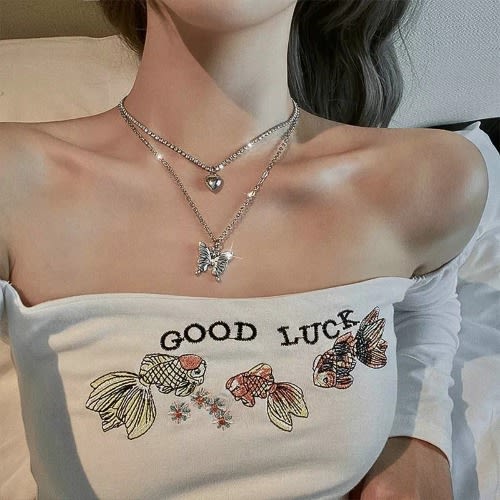 Double Layer Butterfly Necklace Chain With Hallow Love