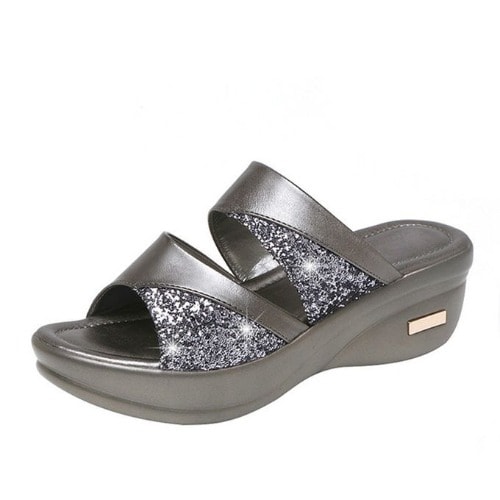 Ladies High Heel Wedge Slippers - Grey