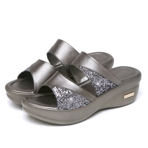 Ladies High Heel Wedge Slippers - Grey