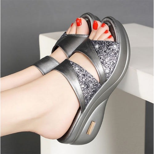 Ladies High Heel Wedge Slippers - Grey