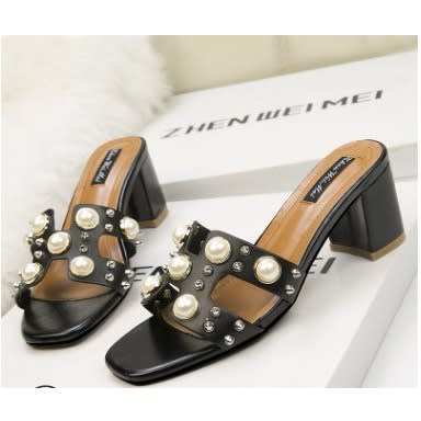Apricot With Diamond Stones Thick Block Heels