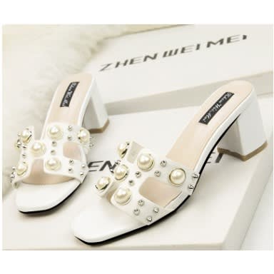Apricot With Diamond Stones Thick Block Heels