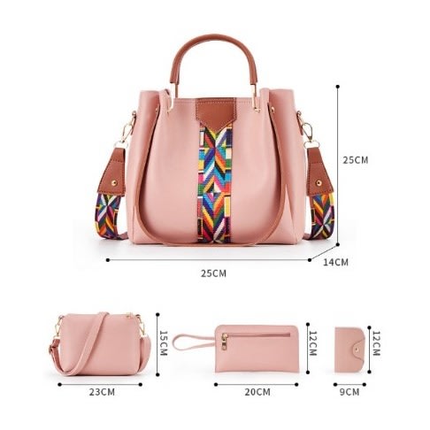 Ladies Shoulder Bag - 4 Piece Set - Pink
