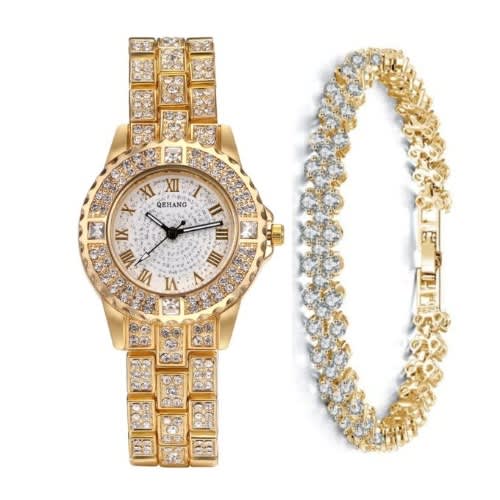 2 In 1 Rhinestone Female Wrist Watch And Gold Bracelet